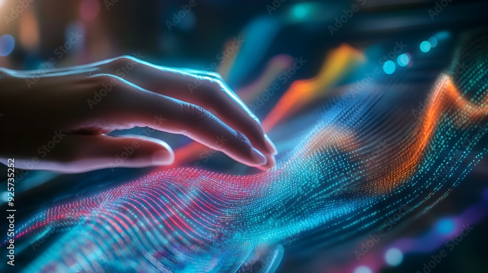 Fototapete fingers interacting with floating holographic data analytics graph