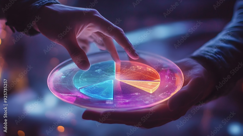 Poster fingers pinching to zoom in on holographic pie chart floating in air