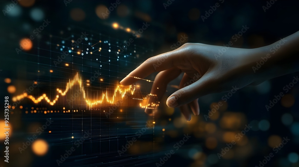 Poster hand hovering over futuristic holographic business graph showing growth and expansion