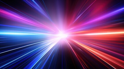 Abstract background with bright blue and red light streaks converging in the center.