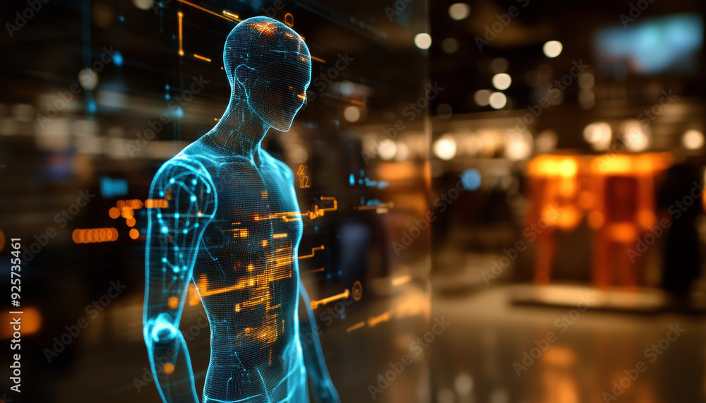 Poster a man is shown in a digital image with a glowing body. the image is of a futuristic setting with a l