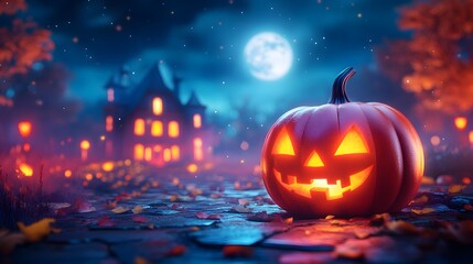 Naklejka premium 3D cartoon Halloween night animation with a grinning pumpkin, haunted house, and full moon glowing in the sky.