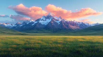 Open and flat green grasslands, snow capped mountains, dusk, rich colors, bird's-eye view,Ray Tracing&iuml;&frac14;&OElig;Extreme long shot&iuml;&frac14;&OElig;Hyperrealism 