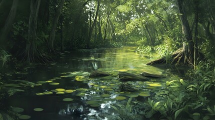 Mosquito Infested Swamp with Dense Vegetation and Stagnant Water