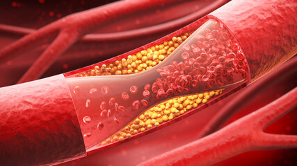 High Blood Cholesterol, Thickened Arteries and Veins, Red Blood Cells, 3d illustration.