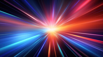 Abstract background with bright blue and red rays of light converging in the center.