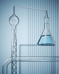 Cosmetic podium display with glass flask and cylinder equipment in medical science lab background,...