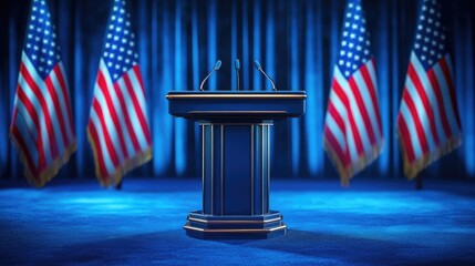 Official election podium: A podium with American flags in the background, designed for a presidential speech, conveying a sense of patriotism and formality.