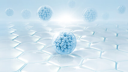 Cosmetic serum Oil drop on skin cell, Skin Repair, moisturizer, collagen serum, Exosome with Skin cells, 3d rendering.