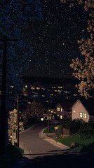 Obraz premium screenshot of a 3D ps1 game where you walk around American suburbs at night with rolling hills and beautiful trees ps1 graphics 