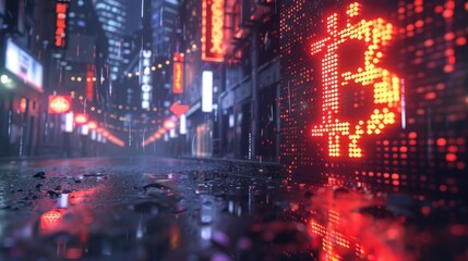 Fototapeta premium A vibrant digital bitcoin shines against a blurred urban skyline, illustrating the dynamic world of forex trading and trends.