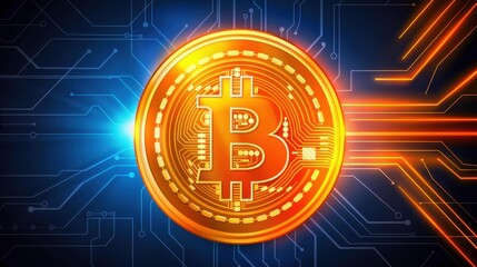 Glowing digital coin shines against a dark tech backdrop, symbolizing the power of virtual currency and innovation.
