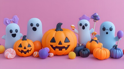 Set of Halloween 3D cartoon style elements featuring ghosts, candy, and funny pumpkins, perfect for scrapbooking and posters.