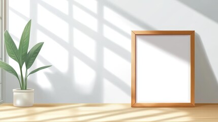 A simple empty frame on a bright wall catches soft light, creating playful shadows in this modern cartoonstyle illustration.