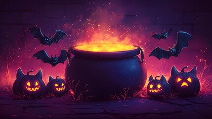 3D cartoon Halloween elements including witch's cauldron, bats, and playful spiders, great for party invitations and stickers.