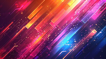 Abstract background with bright colorful diagonal lines and glowing particles.
