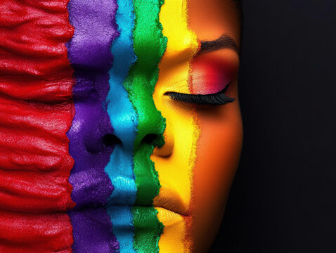 A woman's face is painted with rainbow colors, creating a vibrant and colorful look. Concept of joy and celebration, as the woman's face is transformed into a work of art. The use of bright colors