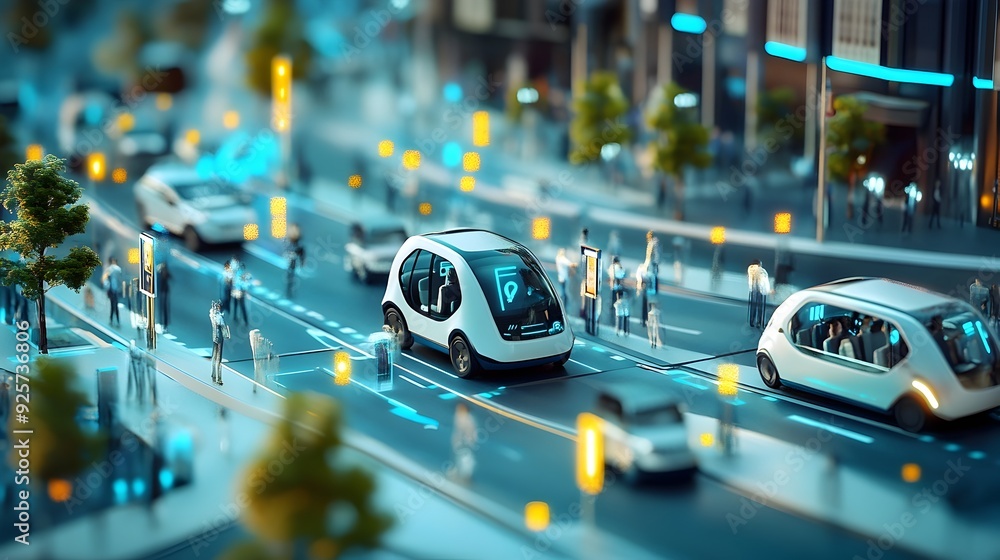 Poster autonomous ride sharing vehicle picking up passengers in smart city 3d visualization