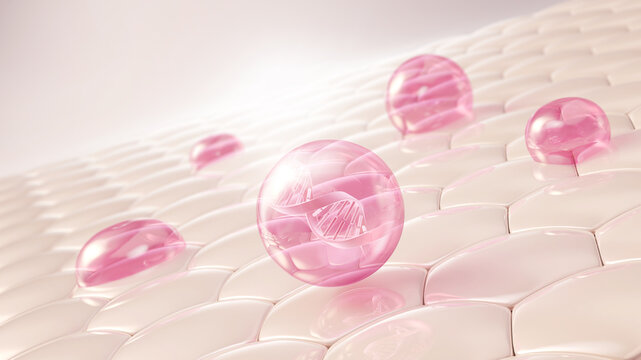 Pink Collagen Skin Serum Oil drop on skin cell, Skin Repair, moisturizer, collagen serum, advertising background ready to use, 3D rendering