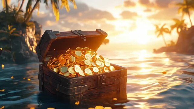 A treasure chest full of gold coins is floating on the water in front of a palm tree. The scene is serene and peaceful, with the water and the palm tree creating a tropical atmosphere