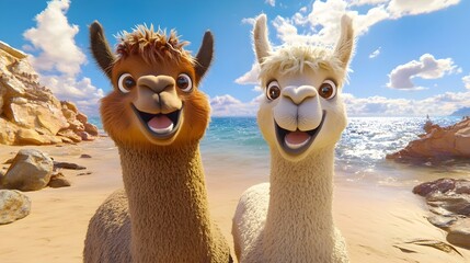 Fototapeta na wymiar Cheerful Llama and Alpaca Taking a Selfie in the Outdoors