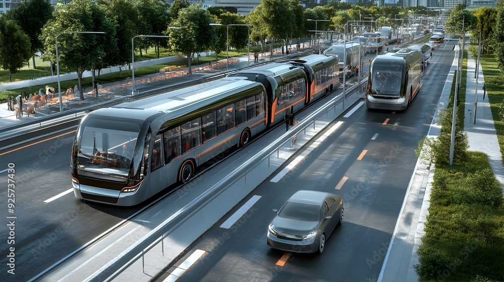 Poster futuristic 3d bus rapid transit system with dedicated lanes and streamlined designs