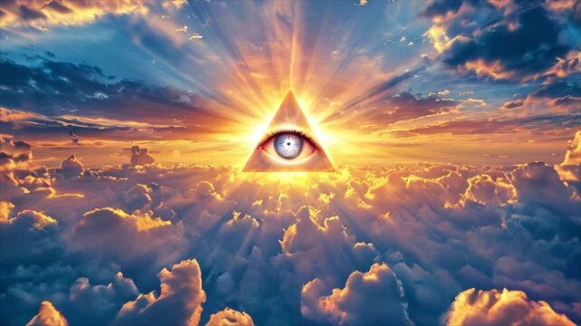 Shining Eye of Providence in cloudy sky at sunset. All-seeing God's eye in heaven. Symbol of Illuminati and Freemasons