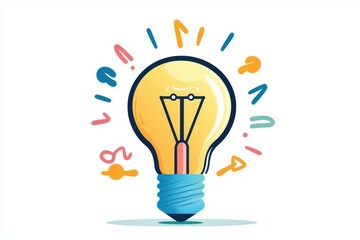 A vibrant light bulb illustration symbolizing creativity and ideas, surrounded by colorful question marks and exclamation points.