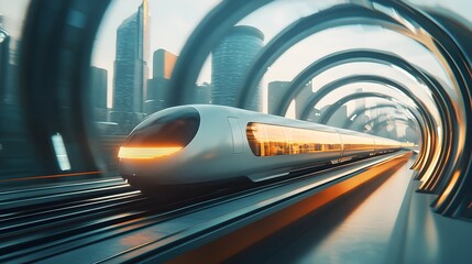 Obraz premium Futuristic Maglev Train Speeding Through Sleek Cityscape Visualization