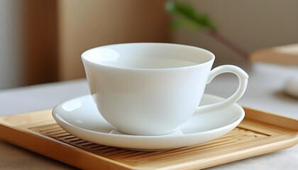 Exquisite white cups and saucers are quietly placed on the wooden table