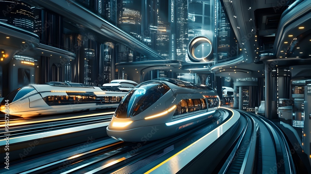 Poster futuristic public transport hub with converging modes of travel in a modern cityscape