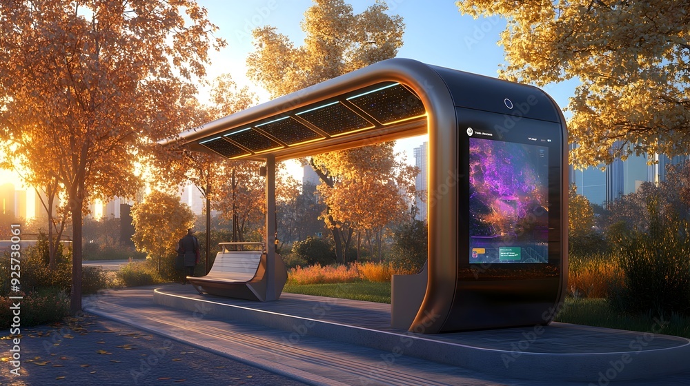 Poster innovative 3d bus stop with interactive digital displays and solar roof