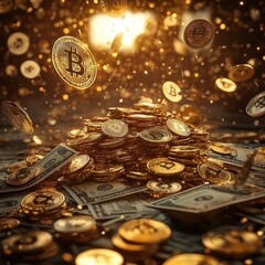 A pile of gold coins and dollar bills , surrounded by flying US dollars