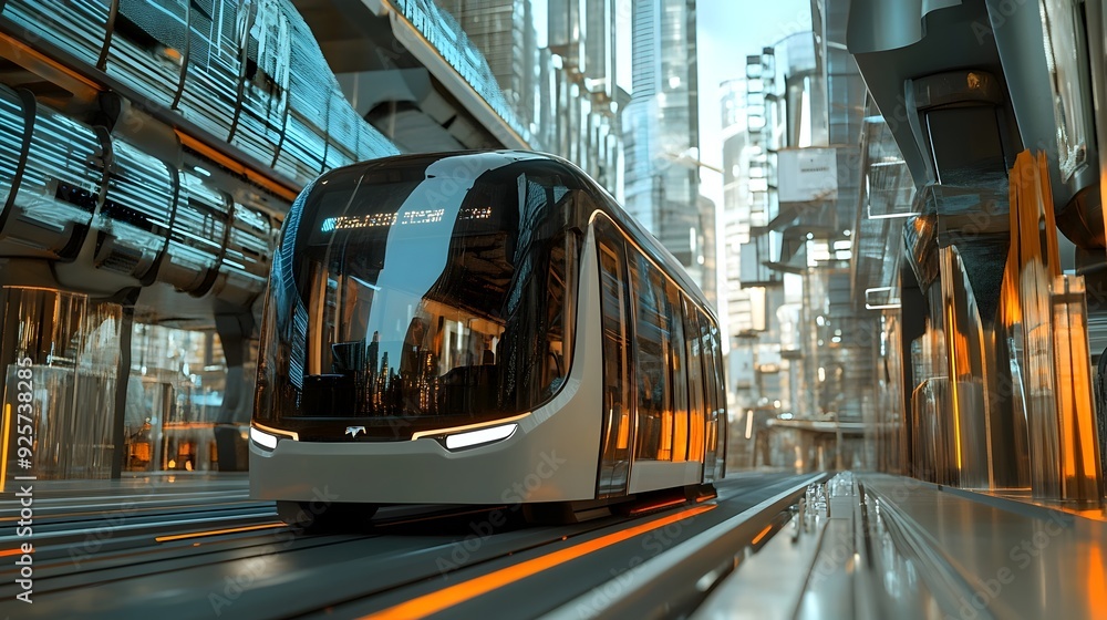 Poster modern electric bus traversing futuristic city landscape with advanced architecture and technology
