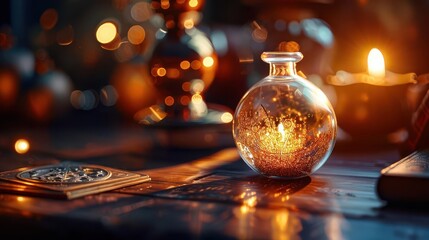 Fortunetelling shop filled with mystical artifacts and an enigmatic fortuneteller, creating a mysterious atmosphere, Fantasy, Warm lighting, Detailed