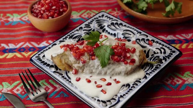 Mexican dish chile en nogada with red Mexican tablecloth, pan left