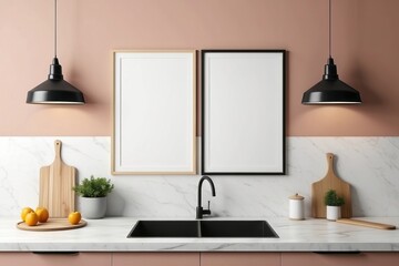 Modern Kitchen Interior with Black Accents and Empty Frames