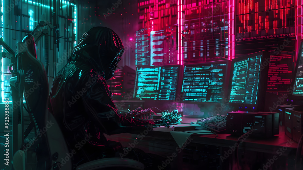 Poster undead hacker plots in a lair of flickering screens and code