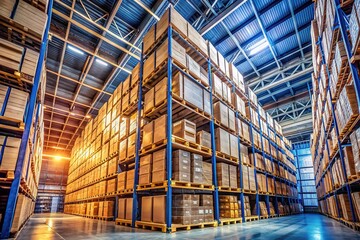 Tall pallet racks filled with stacked boxes and crates stretch towards the ceiling in a large, well-organized, and dimly lit industrial warehouse storage facility.
