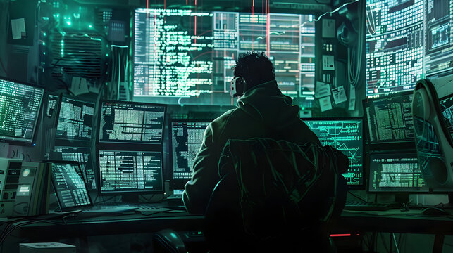 Undead hacker plots in a lair of flickering screens and code