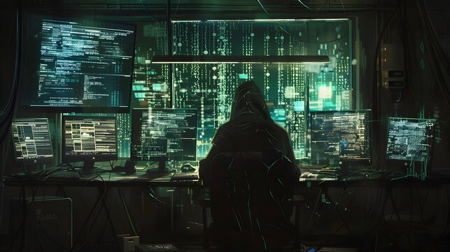 Undead hacker plots in a lair of flickering screens and code