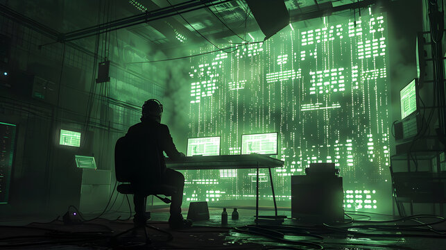 Undead hacker plots in a lair of flickering screens and code