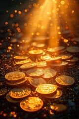 Gold coins scattered on the ground, a golden background