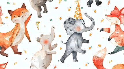 Watercolor seamless pattern with dancing elephant and fox forest animals on white background. Childish animal illustration. Happy birthday, celebration concept