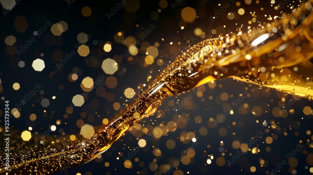 Poster abstract close-up of golden liquid wave with sparkling bokeh. elegant and luxurious visual with shim