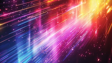 Abstract background with bright neon light streaks and glowing particles.