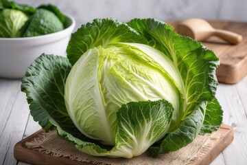 A Whole Green Cabbage on a Wooden Cutting Board