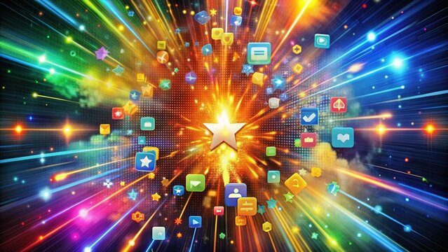 Technicolor explosions radiate from pixelated hotspots, icons catapulting towards the viewer like digital stars.