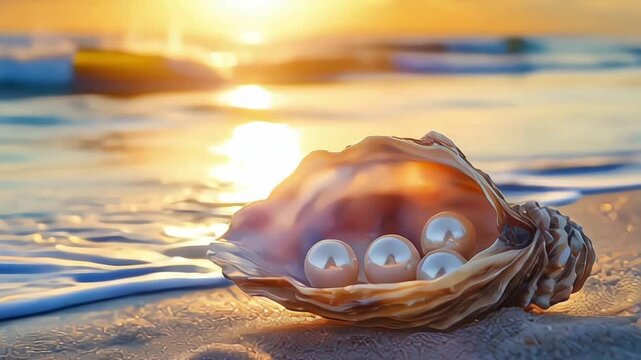 Natural sea pearls in a pink shell on clear water with jewelry stand, waves, sunset shimmering, sea pearls, shell