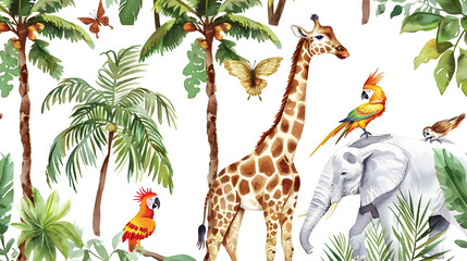 Wild animals watercolor seamless pattern with giraffe and elephant, monkey with cockatoo, parrot savannah with palm trees. Repeating background.